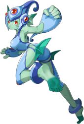 Rule 34 | 1girl, bandai, digimon, digimon (creature), digimon new century, fins, frog girl, full body, helmet, jumping, looking at viewer, monster girl, official art, one-piece swimsuit, ranamon, red eyes, solo, swimsuit