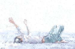 Rule 34 | 1boy, barefoot, black hair, closed eyes, covered mouth, denim, expressionless, falling, feet, full body, jeans, long sleeves, lying, male focus, original, outstretched arms, pants, profile, rido (ridograph), shirt, silver hair, simple background, solo, white background, white shirt