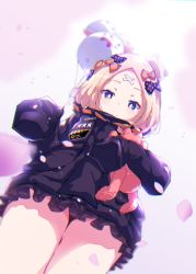 Rule 34 | 1girl, abigail williams (fate), abigail williams (traveling outfit) (fate), artist request, bad id, bad pixiv id, balloon, bandaid, bandaid on face, bandaid on forehead, belt, black bow, black jacket, blonde hair, blue eyes, blush, bow, breasts, cherry blossoms, closed mouth, crossed bandaids, fate/grand order, fate (series), forehead, from below, hair bow, hair bun, heroic spirit traveling outfit, highres, holding, holding balloon, holding stuffed toy, jacket, long hair, long sleeves, looking at viewer, looking down, multiple hair bows, official alternate costume, orange belt, orange bow, parted bangs, perspective, petals, polka dot, polka dot bow, single hair bun, sleeves past fingers, sleeves past wrists, small breasts, solo, stuffed animal, stuffed toy, teddy bear, thighs