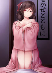 Rule 34 | 1girl, blush, bow, breasts, brown hair, covering privates, covering breasts, drill hair, hair between eyes, hair bow, half-closed eyes, harukaze (kancolle), highres, indoors, japanese clothes, kamelie, kantai collection, kimono, kneeling, long hair, looking at viewer, medium breasts, naked kimono, off shoulder, open clothes, open kimono, parted bangs, parted lips, pink kimono, red bow, red eyes, sidelocks, solo, sweatdrop, tareme, twin drills