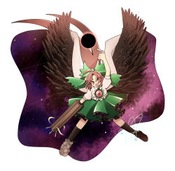 Rule 34 | 1girl, 5515hr, :d, arm cannon, asymmetrical footwear, atom, bird wings, black socks, black sun, bow, breasts, brown eyes, brown hair, brown wings, cape, collared shirt, commentary request, control rod, frilled skirt, frills, full body, green bow, green skirt, hair bow, highres, kneehighs, long hair, looking at viewer, medium breasts, mismatched footwear, open mouth, pointing, pointing up, puffy short sleeves, puffy sleeves, reiuji utsuho, shirt, shoes, short sleeves, simple background, single shoe, skirt, smile, socks, solo, starry sky print, sun, third eye, touhou, very long hair, weapon, white background, white cape, white shirt, wings