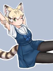 Rule 34 | 1girl, animal ears, black pantyhose, blonde hair, blue bow, blue bowtie, blue dress, blush, bow, bowtie, brown hair, cat ears, cat girl, cat tail, commentary request, dress, extra ears, green eyes, highres, kemono friends, kemono friends 3, looking at viewer, multicolored hair, official alternate costume, one eye closed, pantyhose, plaid, plaid bow, plaid bowtie, sailor collar, sand cat (kemono friends), school uniform, short hair, short sleeves, simple background, sitting, solo, stretching, tail, uf34a, white sleeves