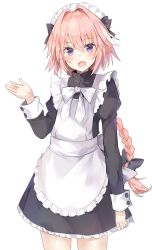 Rule 34 | 1boy, :d, alternate costume, apron, astolfo (fate), black bow, black dress, blush, bow, braid, commentary request, cowboy shot, dress, enmaided, fang, fate/apocrypha, fate (series), frilled apron, frills, hair between eyes, hair bow, hair intakes, hand up, head tilt, highres, juliet sleeves, kusumoto touka, long hair, long sleeves, looking at viewer, maid, maid apron, maid day, maid headdress, male focus, multicolored hair, official alternate costume, open mouth, pink hair, puffy sleeves, purple eyes, short dress, sidelocks, simple background, single braid, skin fang, smile, solo, standing, streaked hair, trap, white apron, white background, white bow, white hair