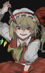 Rule 34 | 1girl, ascot, blonde hair, blood, bloody knife, cowboy shot, crystal, flandre scarlet, hat, highres, holding, holding knife, knife, looking at viewer, medium hair, mob cap, open mouth, red eyes, smirk, solo, sweat, touhou, user nygk4727, yellow ascot