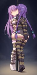 Rule 34 | 2girls, absurdres, arms behind back, ass, bdsm, black thighhighs, blush, bondage, bound, bound arms, bound together, braid, breast bondage, breasts, chain, chained, closed eyes, collar, commission, elbow gloves, full body, gloves, highres, himitsu (hi mi tsu 2), leotard, long hair, medium breasts, multiple girls, neptune (series), purple hair, purple heart (neptunia), purple sister, restrained, rope, saliva, second-party source, shibari, skindentation, slave, sweat, tearing up, thighhighs, bound together, tiptoes, twin braids, very long hair, white gloves, white thighhighs