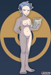 Rule 34 | 1girl, absurdres, arm behind back, armpits, artist name, barefoot, black background, blue eyes, blue hair, book, breasts, cleft of venus, collarbone, completely nude, creatures (company), cyllene (pokemon), feet, female focus, fingernails, forehead, full body, game freak, groin, hand up, highres, holding, holding book, legs, legs together, light blue hair, lips, looking at viewer, looking to the side, matching hair/eyes, navel, neck, nilterguy, nintendo, nipples, nude, nude filter, official art nude filter, poke ball symbol, pokemon, pokemon legends: arceus, pussy, serious, short hair, small breasts, standing, swept bangs, thighs, third-party edit, toenails, toes, two-tone background, unworn clothes, v-shaped eyebrows