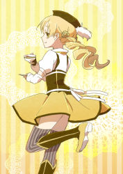 Rule 34 | 10s, 1girl, bad id, bad pixiv id, blonde hair, drill hair, hat, kanno miiyu, magical girl, mahou shoujo madoka magica, mahou shoujo madoka magica (anime), skirt, smile, solo, tea, thighhighs, tomoe mami, twintails, yellow background, yellow eyes, yellow skirt, yellow theme