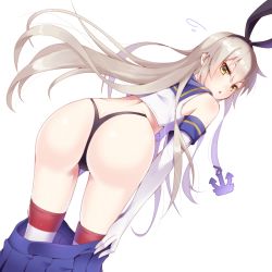 Rule 34 | 10s, 1girl, :&lt;, anchor, anchor hair ornament, ass, bare shoulders, black panties, blonde hair, blue skirt, blush, clothes pull, crop top, crop top overhang, elbow gloves, flying sweatdrops, from behind, gloves, hair ornament, hairband, kantai collection, long hair, looking at viewer, looking back, open mouth, panties, shimakaze (kancolle), shiny skin, simple background, skirt, skirt pull, solo, striped clothes, striped thighhighs, thighhighs, thong, triangle mouth, underwear, white background, white gloves, yellow eyes, you06