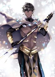Rule 34 | 1boy, abs, ahoge, ajinos, bare pectorals, black gloves, brown hair, cape, dark skin, dark-skinned male, egyptian, egyptian clothes, fate/grand order, fate/prototype, fate/prototype: fragments of blue and silver, fate (series), gauntlets, gloves, hair between eyes, holding, holding staff, jewelry, looking at viewer, male focus, muscular, necklace, ozymandias (fate), pectorals, topless male, shrug (clothing), simple background, solo, staff, white background, white cape, yellow eyes