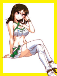 Rule 34 | 10s, 1girl, adjusting hair, black hair, blue eyes, border, bracelet, breasts, cleavage, closed mouth, crop top, crossed legs, full body, girls und panzer, halterneck, invisible chair, jewelry, kantai collection, layered skirt, legs, light smile, long hair, looking at viewer, medium breasts, midriff, miniskirt, navel, nonna (girls und panzer), oosaka kanagawa, pacific (kancolle), race queen, shirt, sitting, skirt, solo, swept bangs, white background, white shirt, white skirt, yellow border