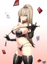 Rule 34 | 1girl, bdsm, blue eyes, blush, breasts, closers, covered erect nipples, gloves, grin, harpy (closers), highres, large breasts, light brown hair, long hair, looking at viewer, mole, mole under eye, nipples, ponytail, smile, solo, thighhighs, tongue, tongue out