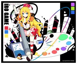 Rule 34 | 1girl, abstract, ahoge, arms up, blonde hair, blush, bow, eraser, green eyes, hat, ideolo, long hair, no nose, over-kneehighs, palette (object), pencil, rainbow order, revision, ribbon, sample watermark, shoes, skirt, smile, solo, striped clothes, striped thighhighs, stylus, thighhighs, tombow mono, vest, watermark