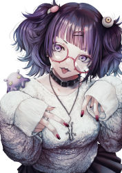 Rule 34 | 1girl, atagumo yuba, bad id, bad pixiv id, bat hair ornament, belt collar, black nails, black skirt, blue hair, blunt bangs, breasts, closed mouth, collar, collarbone, diagonal bangs, earclip, earrings, eyeball hair ornament, fingernails, food-themed hair ornament, glasses, goth fashion, gothic, gradient hair, gradient nails, hair ornament, hairclip, hands up, head tilt, highres, idolmaster, idolmaster shiny colors, jewelry, long fingernails, long sleeves, looking at viewer, macaron hair ornament, medium breasts, medium hair, multicolored hair, nail polish, necklace, pendant, pleated skirt, purple eyes, purple hair, purple lips, red-framed eyewear, red nails, round eyewear, short twintails, simple background, skirt, sleeves past wrists, solo, spiked collar, spikes, sweater, tanaka mamimi, tongue, tongue out, twintails, two-tone hair, upper body, white background, white sweater