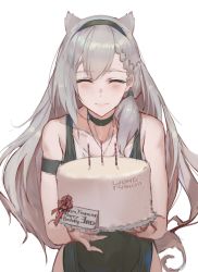 Rule 34 | 1girl, animal ears, bare shoulders, birthday cake, blush, braid, cake, choker, cowboy shot, dress, closed eyes, facing viewer, food, girls&#039; frontline, green choker, green dress, green eyes, grey hair, hairband, highres, holding, holding cake, holding food, ksvk (girls&#039; frontline), long hair, mod3 (girls&#039; frontline), pandea work, parted lips, simple background, smile, solo, standing, very long hair, white background