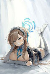 Rule 34 | 1girl, absurdres, arm rest, asuna (blue archive), blonde hair, blue archive, blue bow, blue bowtie, blue eyes, bow, bowtie, breasts, choker, cleavage, elbow gloves, elbow rest, feet up, frills, full body, gloves, grin, halo, highres, large breasts, long hair, looking at viewer, lying, maid, maid headdress, mole, mole on breast, no shoes, nonekong, on stomach, smile, soles, solo, teeth, the pose, thighhighs, thighs, white gloves, white thighhighs, wing collar