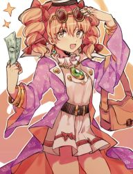 Rule 34 | 1girl, :d, bag, banknote, belt, bracelet, coat, dress, drill hair, earrings, eyewear on head, gem, highres, holding, holding money, jewelry, long hair, money, necklace, open mouth, orange hair, pink coat, pink dress, ring, shoulder bag, smile, solo, sunglasses, sweetpotatojelly, touhou, twin drills, white background, yellow eyes, yorigami jo&#039;on