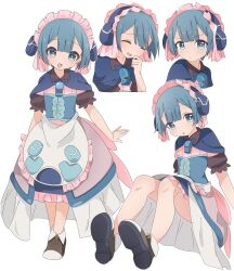 Rule 34 | 1boy, :o, absurdres, androgynous, apron, blue capelet, blue corset, blue dress, blue eyes, blue hair, brown footwear, capelet, closed mouth, corset, dress, frilled apron, frills, highres, laughing, light blush, looking at viewer, made in abyss, maid, maid apron, maid headdress, male focus, maruruk, open mouth, serious, short sleeves, simple background, sitting, smile, solo, trap, uis0, whistle, whistle around neck, white apron, white background, yellow pupils