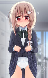 1girl ? black_jacket blazer blonde_dog_girl_(ri-net) blurry blurry_background blush bow braid brown_hair cat_hair_ornament character_watermark closed_mouth clothes_lift collared_shirt depth_of_field dress_shirt getabako green_bow grey_skirt hair_bow hair_ornament hair_over_shoulder hairclip highres indoors jacket lifting_own_clothes long_hair long_sleeves looking_at_viewer nose_blush original panties plaid_bow plaid_clothes plaid_skirt red_eyes ri-net school_uniform shirt single_braid skirt skirt_lift smile solo sweat twitter_username underwear white_bow white_panties white_shirt