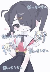 Rule 34 | 1girl, @ @, ame-chan (needy girl overdose), black eyes, black hair, black ribbon, black skirt, blonde hair, chibi, chibi inset, collared shirt, cowboy shot, cuts, hair ornament, hair over one eye, hand up, injury, kyouso (inorinasai), long hair, looking at viewer, neck ribbon, needy girl overdose, nervous sweating, open mouth, red shirt, ribbon, scar, scar on arm, self-harm, self-harm scar, shirt, skirt, solo, standing, suspender skirt, suspenders, sweat, translation request, twintails, white background, x hair ornament