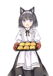 Rule 34 | 1girl, :d, animal ear fluff, animal ears, apron, black hair, black skirt, blush, cat ears, commentary request, fang, frilled apron, frills, holding, juliet sleeves, long sleeves, looking at viewer, maid headdress, open mouth, original, oven mitts, puffy sleeves, purple eyes, shirt, short hair, simple background, skirt, smile, solo, wataame27, white apron, white background, white shirt