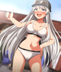 Rule 34 | 1girl, absurdres, azur lane, black hat, blurry, blurry background, blush, cabbie hat, commentary request, constricted pupils, cowboy shot, crotch seam, day, depth of field, enterprise (anniversary ride) (azur lane), enterprise (azur lane), eyewear on headwear, flying sweatdrops, grey eyes, grey hair, hand on own hip, hat, highres, long hair, navel, official alternate costume, open mouth, outdoors, panties, partial commentary, smile, solo, sports bra, sports panties, standing, sunglasses, sweatdrop, thumbs up, underwear, underwear only, very long hair, white panties, white sports bra, zanntetu