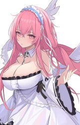 Rule 34 | 1girl, :/, absurdres, azur lane, bare shoulders, breasts, cleavage, closed mouth, collar, detached collar, dress, feathered wings, frilled dress, frilled hairband, frills, hair between eyes, hairband, hand up, highres, large breasts, light blush, long hair, looking at viewer, low twintails, perseus (azur lane), pink eyes, pink hair, pink nails, sidelocks, simple background, soar sora222, solo, twintails, upper body, white background, white collar, white dress, white wings, wide sleeves, wings