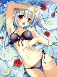 Rule 34 | 1girl, :d, absurdres, armpits, bare shoulders, bikini, black bikini, blush, breasts, collarbone, face, fang, flower, front-tie top, fujisaki rei, hair ribbon, hibiscus, highres, looking at viewer, lying, medium breasts, navel, on back, open mouth, original, petals, purple eyes, ribbon, side-tie bikini bottom, silver hair, smile, solo, swimsuit, thigh gap, thighs, twintails, water