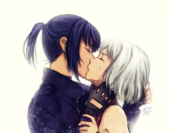 Rule 34 | 2girls, 428, alphard (canaan), black gloves, blue hair, canaan (character), canaan (series), closed eyes, couple, fingerless gloves, french kiss, from side, gloves, kay-i, kiss, multiple girls, short hair, silver hair, simple background, sleeveless, upper body, white background, yuri