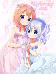 Rule 34 | 2016, 2girls, age difference, alternate costume, alternate hairstyle, artist name, bare shoulders, blue dress, blue eyes, blue hair, bouquet, breasts, character name, child, cleavage, closed mouth, collarbone, commentary request, couple, dated, dress, flat chest, flower, gochuumon wa usagi desu ka?, hair between eyes, happy birthday, head wreath, height difference, highres, holding, holding bouquet, hoto cocoa, kafuu chino, long hair, looking at viewer, medium breasts, medium hair, multiple girls, neki (wakiko), onee-loli, orange hair, petals, pink dress, purple eyes, rose, sidelocks, smile, strapless, strapless dress, twitter username, wavy hair, wedding dress, white background, wife and wife, yuri