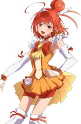 Rule 34 | 1girl, ahoge, bare shoulders, bob cut, choker, compact (cosmetics), cure sunny, dress, frilled dress, frilled skirt, frills, gloves, hair bun, hair ornament, head wings, highres, hino akane (smile precure!), kneehighs, open mouth, orange hair, pants, parted bangs, precure, short hair, skirt, sleeveless, sleeveless dress, smile precure!, socks, solo, tight clothes, tight pants, white gloves, wing hair ornament, wings, wristband, yur11