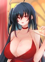 Rule 34 | 10eki (tenchou), 1girl, absurdres, ahoge, alcohol, areola slip, azur lane, bare shoulders, black hair, breasts, champagne, champagne flute, choker, cleavage, cup, dress, drinking glass, hair between eyes, heart, highres, huge breasts, long hair, looking at viewer, official alternate costume, one side up, open mouth, pouring, pouring onto self, red choker, red dress, red eyes, smile, solo, taihou (azur lane), taihou (forbidden feast) (azur lane), upper body, very long hair