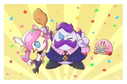 Rule 34 | 1girl, 2boys, anniversary, blue eyes, confetti, disembodied hand, facial hair, father and daughter, formal, highres, kirby, kirby: planet robobot, kirby (series), max profitt haltmann, multiple boys, mustache, necktie, nintendo, one eye closed, pink hair, purple hair, riru ash, suit, susie (kirby), v, yellow background