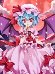 Rule 34 | 1girl, arm garter, ascot, bat wings, blue hair, bow, brooch, clothes lift, frilled shirt, frilled shirt collar, frilled sleeves, frills, full moon, hat, hat ribbon, jewelry, kanon (ikamiso), lifting own clothes, looking at viewer, mob cap, moon, nail polish, pink shirt, pink skirt, puffy short sleeves, puffy sleeves, red bow, red eyes, red moon, red nails, red ribbon, remilia scarlet, ribbon, sash, shirt, short hair, short sleeves, skirt, skirt hold, skirt lift, skirt set, smile, solo, touhou, wings, wrist cuffs
