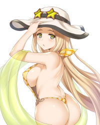 Rule 34 | 1girl, ass, blonde hair, blush, breasts, covered erect nipples, dimples of venus, diola (granblue fantasy), from behind, granblue fantasy, green eyes, hand on headwear, hat, lang (chikage36), large breasts, long hair, looking back, open mouth, simple background, slingshot swimsuit, solo, star-shaped eyewear, star-shaped glasses, star (symbol), swimsuit, very long hair, white background