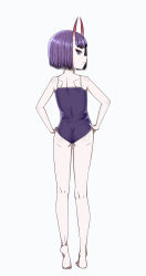 Rule 34 | 1girl, bare arms, bare legs, bare shoulders, closed mouth, fate/grand order, fate (series), female focus, from behind, full body, highres, horns, nopear, one-piece swimsuit, purple hair, short hair, shuten douji (fate), simple background, skin-covered horns, smile, solo, standing, swimsuit