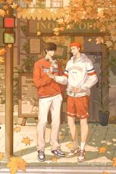 Rule 34 | 2boys, autumn, autumn leaves, bishounen, black eyes, black hair, cafe, chinese commentary, coffee cup, cup, disposable cup, english text, eye contact, falling leaves, headphones, headphones around neck, highres, holding, holding cup, hood, hoodie, leaf, long sleeves, looking at another, male focus, maple leaf, menu board, multiple boys, outdoors, pants, randstrawberry, red hair, red shirt, red shorts, rukawa kaede, sakuragi hanamichi, shirt, shoes, short hair, shorts, slam dunk (series), sneakers, toned, toned male, traffic light, tree, two-tone footwear, white hoodie, white pants