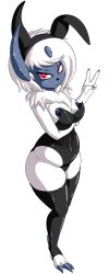 Rule 34 | 1girl, absol, absurdres, animal ears, animal nose, artist name, black hairband, black leotard, black thighhighs, body fur, breasts, claws, closed mouth, colored skin, covered navel, creatures (company), fake animal ears, fang, female focus, fir3born, forehead jewel, full body, furry, furry female, game freak, gen 3 pokemon, grey horns, grey skin, hairband, hands up, happy, highres, horns, large breasts, legs together, leotard, looking at viewer, nintendo, nipple slip, nipples, personification, playboy bunny, pokemon, pokemon (creature), rabbit ears, red eyes, shiny clothes, short hair, signature, simple background, single horn, smile, solo, standing, stirrup legwear, strapless, strapless leotard, swept bangs, thighhighs, toeless legwear, transparent background, v, white fur, white hair