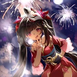 Rule 34 | 1girl, :d, absurdres, arm behind back, bare shoulders, black choker, blurry, blush, bokeh, bow, brown hair, choker, cowboy shot, criss-cross halter, depth of field, dress, fireworks, fox mask, hair bow, halterneck, hand up, highres, honkai: star rail, honkai (series), kujojotaro3, leaning to the side, long hair, looking at viewer, mask, mask on head, name connection, night, obi, object namesake, open mouth, outdoors, pelvic curtain, red bow, red dress, red eyes, sash, short dress, sidelocks, sleeveless, sleeveless dress, smile, solo, sparkle (honkai: star rail), twintails, v over mouth, very long hair