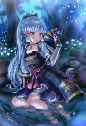 Rule 34 | 1girl, arm guards, arm support, armor, ayaka (genshin impact), bare legs, barefoot, blue capelet, blue eyes, blue hair, blunt bangs, breastplate, breasts, bridal gauntlets, capelet, dou, flower knot, folding fan, forest, genshin impact, glowing flower, hair ornament, hair ribbon, hand fan, highres, holding, holding fan, japanese armor, jewelry, kusazuri, light blue hair, long hair, looking at viewer, matsunashi noe, medium breasts, moonlight, nature, neck ring, neck tassel, night, parted lips, partially submerged, ponytail, ribbon, river, sitting, solo, tress ribbon, water