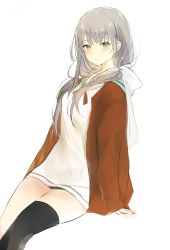 Rule 34 | 1girl, black thighhighs, breasts, cardigan, closed mouth, commentary, copyright request, green eyes, long hair, long sleeves, looking at viewer, lpip, open cardigan, open clothes, red cardigan, red neckwear, sailor collar, simple background, single horizontal stripe, single thighhigh, solo, symbol-only commentary, thighhighs, white background, white sailor collar
