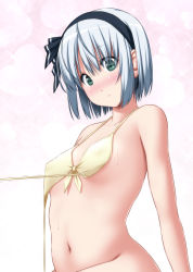 Rule 34 | 1girl, bare shoulders, bikini, blush, breasts, closed mouth, collarbone, covered erect nipples, front-tie bikini top, front-tie top, green eyes, highres, konpaku youmu, looking down, motion lines, navel, nori tamago, ribbon, short hair, silver hair, small breasts, sparkle, stomach, swimsuit, touhou, untied bikini, upper body, yellow bikini, yellow ribbon, zoom layer