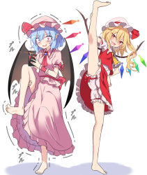 Rule 34 | 2girls, :d, barefoot, bat wings, blonde hair, bloomers, blue hair, commentary request, crystal, dress, e.o., fang, flandre scarlet, hat, highres, leg up, looking at viewer, mob cap, multiple girls, open mouth, pink dress, pink headwear, remilia scarlet, siblings, simple background, sisters, skin fang, smile, soles, split, standing, standing on one leg, standing split, toes, touhou, underwear, white background, white headwear, wings