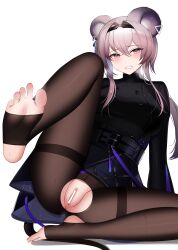 Rule 34 | 1girl, absurdres, animal ears, arknights, blush, censored, crotchless, feet, highres, lin (arknights), long hair, looking at viewer, no panties, pantyhose, parted lips, pussy, soles, steam, stirrup legwear, toeless legwear, toes, torn clothes