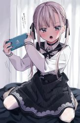 Rule 34 | 1girl, bed, black nails, black skirt, blonde hair, blouse, blush, braid, chigusa minori, choker, commentary request, controller, curtains, frown, game controller, grey eyes, hair ribbon, holding, holding controller, holding game controller, kurosu owari, long hair, looking at viewer, nail polish, nintendo switch lite, open mouth, original, pantyhose, patterned clothing, platinum blonde hair, ribbon, shirt, skirt, solo, striped clothes, striped skirt, translation request, twintails, white pantyhose