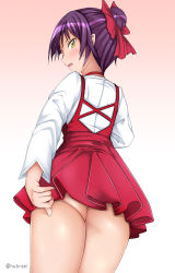 Rule 34 | 1girl, ass, blush, bow, clothes pull, commentary, dress, fang, frilled skirt, frills, from behind, gegege no kitarou, hair bow, hair bun, half-closed eyes, highres, hubrael, long sleeves, looking back, nekomusume, nekomusume (gegege no kitarou 6), no panties, open mouth, purple hair, red bow, shirt, short dress, single hair bun, skirt, skirt pull, solo, sweatdrop, twitter username, white shirt, yellow eyes