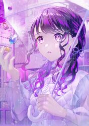 Rule 34 | 1girl, absurdres, artist request, belt, black hair, braid, commentary request, fang, fukumaru koito, gem, highres, idolmaster, idolmaster shiny colors, long sleeves, low twintails, purple eyes, rain, see-through, see-through sleeves, skin fang, solo, swept bangs, transparent, transparent umbrella, twintails, umbrella, upper body