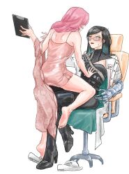 Rule 34 | anne (path to nowhere), barefoot, black hair, chair, clipboard, glasses, hand on another&#039;s chest, iron (path to nowhere), jrnc23, official alternate costume, path to nowhere, pink hair, prosthesis, prosthetic arm, yuri