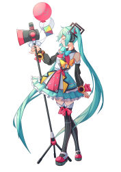 Rule 34 | 1girl, absurdres, balloon, black thighhighs, blue bow, blue bowtie, blue hair, bow, bowtie, closed eyes, detached sleeves, dress, floating hair, from side, hair ornament, hatsune miku, headphones, highres, layered dress, long hair, magical mirai (vocaloid), magical mirai miku, magical mirai miku (2018), red bow, red ribbon, ribbon, short dress, simple background, sleeveless, sleeveless dress, solo, standing, thighhighs, twintails, very long hair, vocaloid, white background, yellow bow, zuiai gongzhu dianxia