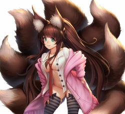 Rule 34 | 1girl, animal ear fluff, animal ears, aqua eyes, black ribbon, black thighhighs, breasts, brown hair, cleavage, closed mouth, coat, collarbone, commentary request, commission, fluffy, fox ears, fox girl, fox tail, hand on own hip, jurrig, large breasts, leaning forward, long hair, long sleeves, mixed-language commentary, navel, necktie, no bra, no panties, open clothes, open coat, open shirt, original, pink coat, red necktie, ribbon, shirt, simple background, skindentation, smile, solo, striped clothes, striped thighhighs, tail, thighhighs, twintails, unbuttoned, unbuttoned shirt, unzipped, very long hair, white background, white shirt