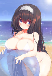 Rule 34 | 1girl, ball, bare arms, bare shoulders, beachball, bikini, blue eyes, blue sky, blush, breast rest, breasts, brown hair, cleavage, collarbone, day, hairband, highres, horizon, jewelry, large breasts, leaning forward, lens flare, long hair, looking at viewer, navel, ocean, outdoors, ring, rinne (sennen sensou aigis), sennen sensou aigis, sky, solo, sparkle, standing, summer, swimsuit, transparent, wedding band, white bikini, white hairband, yomerinne